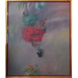 KAIKO MOTI (1921-1989), red flowers and potted plants, oil on canvas 125cm x 108cm, framed.