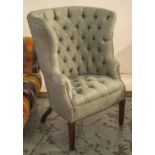 WING ARMCHAIR, George III design birch in buttoned green fabric, 79cm W.