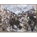 S MENICHETTI 'Les baous blanc St Paul de Vence in the snow', oil on canvas, 81cmx 117cm,