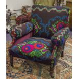 ARMCHAIR, Victorian walnut in Bessarabian Kilim and purple velvet, 83cm W.