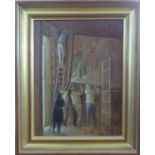 ENGLISH SCHOOL, 'Interior with figures hanging a painting', oil on board, 34cm x 25cm, framed.