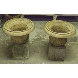 TERRACOTTA URNS, Victorian on associated stone plinths, 51cm H x 42cm D.