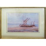 E F MARILLIER 'Beached ships', watercolour, signed lower left, Abbott & Holder label verso,