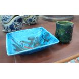 GAMBONE DISH, Italian 1960's, blue glaze along with a Fantoni vase.