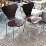 AFTER ARNE JACOBSEN SERIES 7 STYLE DINING CHAIRS, a set of six, 85cm H.