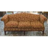 SOFA, George III style in red foliate patterned material with three seat cushions, 215cm W.