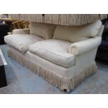 GEORGE SMITH SOFA, traditional style, cream patterned fabric with bullion fringe.