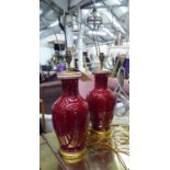 CHINESE FLAMBÉ STYLE VASE TABLE LAMPS, a pair, with shades.