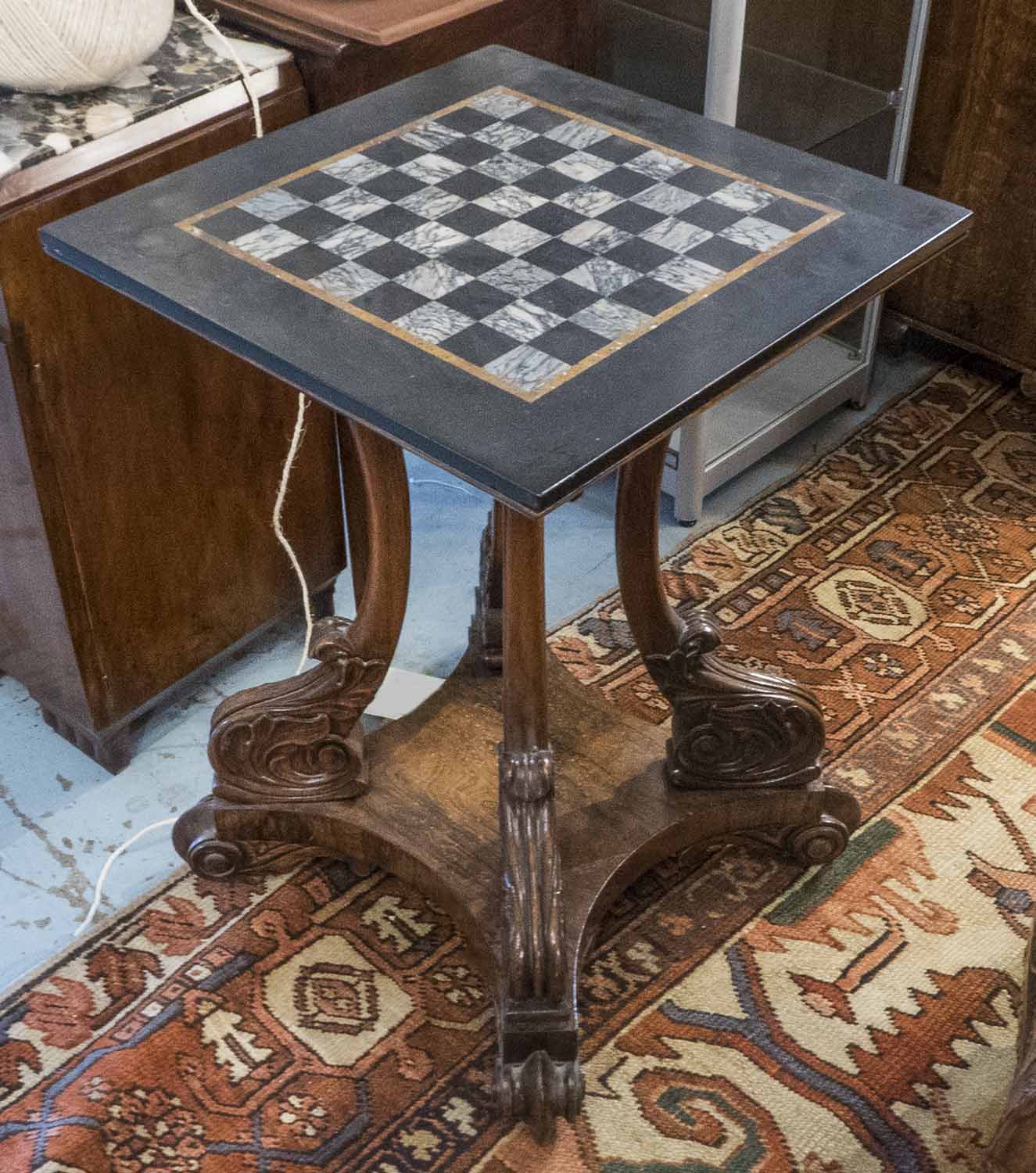 GAMES TABLE, William IV rosewood with specimen marble top, 73cm H x 49cm W.