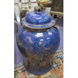 CHINESE URN, of substantial proportions, blue and gilt with a hinged lid, 66cm H x 35cm.