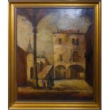 MANNER OF JAMES FERRIER PRYDE 'Town Square', oil on canvas, 76cm x 65cm, framed.