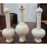 URNS WITH COVERS, a pair, and a different lamp base (converted), 46cm H.