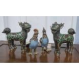CLOISONNE FIGURES, two cockerels, 19cm H, and two mythical quadrapeds, 22cm H.