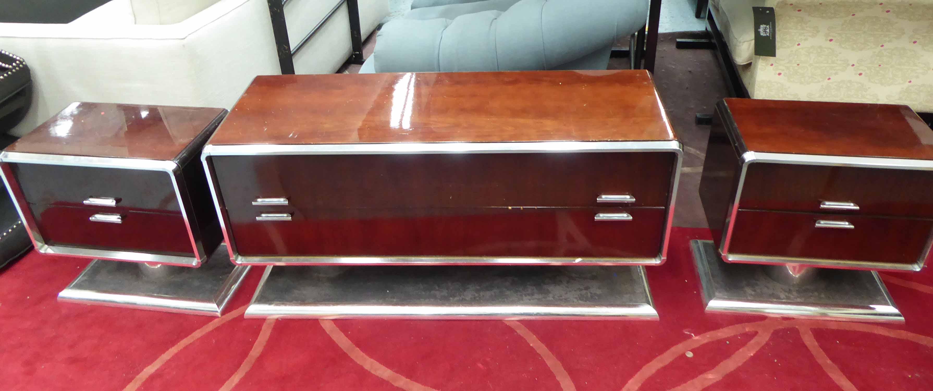 LOUNGE CABINET SET, vintage 1970's rosewood with carpet detail at base, 124cm largest.