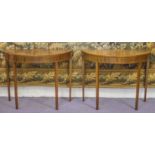 DEMI LUNE SIDE TABLES, a pair, circa 1900, Georgian revival mahogany, satinwood and line inlaid,