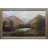 JOHN ELLIS (19th Century) 'Highland Landscape with Figures', oil on canvas, signed, 74cm x 125cm,