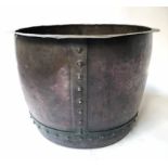 LOG BIN, vintage riveted copper with studded bands and flared rim, 68cm diam.