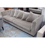 GREY VELVET SOFA, with throw cushions, square back and arms on wood plinth base,