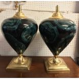 TABLE LAMPS, a pair, 1930's glass and brass in a faux malachite finish, 47cm H.