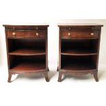 BEDSIDE LAMP TABLES, a pair, Regency style mahogany bow fronted with drawer and shelf,
