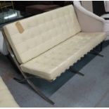 BARCELONA STYLE SOFA, with cream leather cushions, 132cm L.