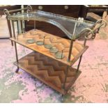 DRINKS TROLLEY, Italian 1930's brass and glass with two parquetry inlaid shelves,