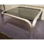 LOW TABLE, Italian 1970's square smoked glass top on brushed aluminium supports,