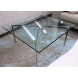 LOW TABLE, Barcelona style, the glass top on a polished metal base, 100cm W x 100cm D x 47cm H.