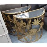 DEMI LUNE CONSOLE TABLES, a pair, gilt metal framed,