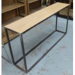 CONSOLE TABLE, wooden top on a metal base, 32cm D x 147cm W x 76cm H.