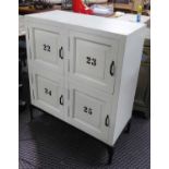 SIDE CUPBOARD, white painted wood, four square doors enclosing shelves,