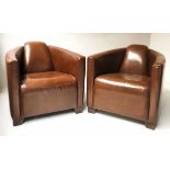 AVIATOR ARMCHAIRS, a pair, Timothy Oulton style mid brown stitched leather, 71cm W.