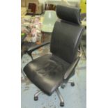 OFFICE CHAIR, in black leather on polished aluminium frame, 69cm W.