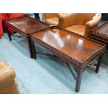 SILVER TABLES, a pair, Georgian style mahogany with fret work detail and cross stretchers,