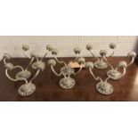 WALL LIGHTS, a set of eight, silver plated with twin branches.