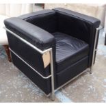 CHAIR, after Corbusier, tubular metal and black leather, 77cm W x 72cm D x 67cm H.