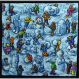 JAMES MILROY 'Building Snowmen', acrylic on canvas, signed lower left, 65cm x 65cm, framed.