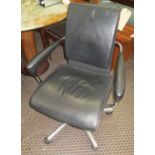 OFFICE CHAIR, in black leather on polished aluminium frame, 66cm W.