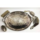 SILVER PLATED TRAY, bearing 'Campbell' boars head amorial and other plated items.