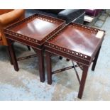 SILVER LAMP TABLES, a pair, Georgian style mahogany with fretwork detail and cross stretchers,