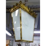 HANGING TRAPEZIUM LIGHT, in brass and finished in rusted gilt lacquer, 50cm H x 46cm x 27cm.