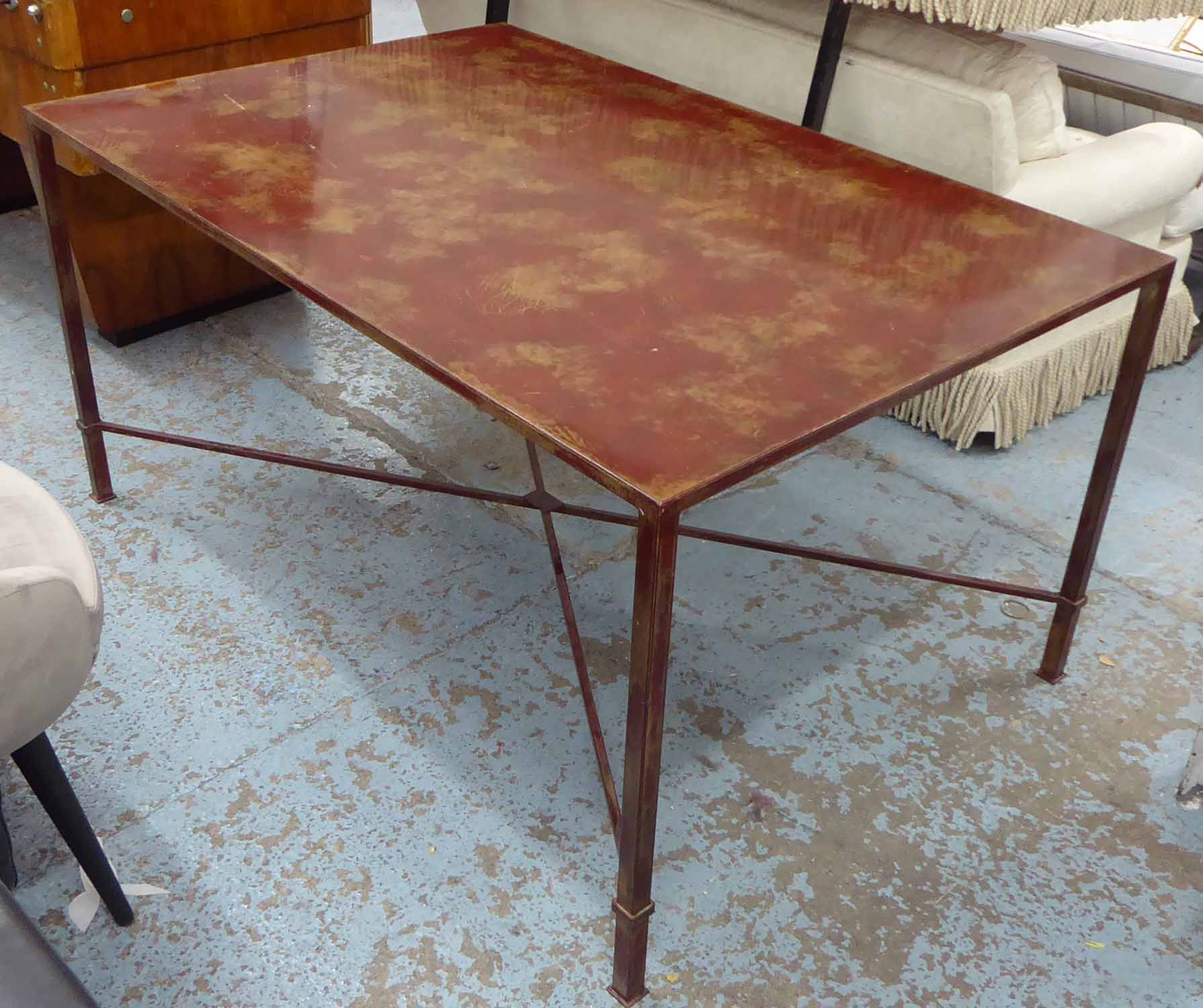 DINING TABLE, patinated red metal finish, 100cm x 75cm H x 150cm.