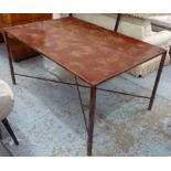 DINING TABLE, patinated red metal finish, 100cm x 75cm H x 150cm.