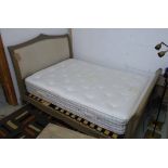 BED FRAME, wooden with natural coloured upholstery, mattress, 140cm W x 123cm H x 210cm,