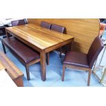 DINING TABLE, 90cm x 182cm x 76cm H with four chairs 48cm x 91cm H and a bench,