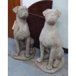 HOUNDS, a pair, weathered composite stone, 80cm H.