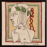 JEAN COCTEAU 'Le Musique', signed in the plate, textile, 59cm x 59cm, framed and glazed.