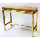 CONSOLE TABLE, 20th century with sienna marble top on stepped lacquered brass square supports,