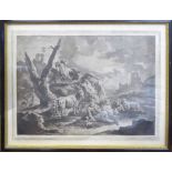 19th CENTURY SCHOOL 'A Goats Shepherd in a Landscape with Ruins', engraving, 35cm x 49cm,