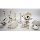 VARIOUS SILVER PLATED ITEMS, including six candlesticks, a champagne urn,